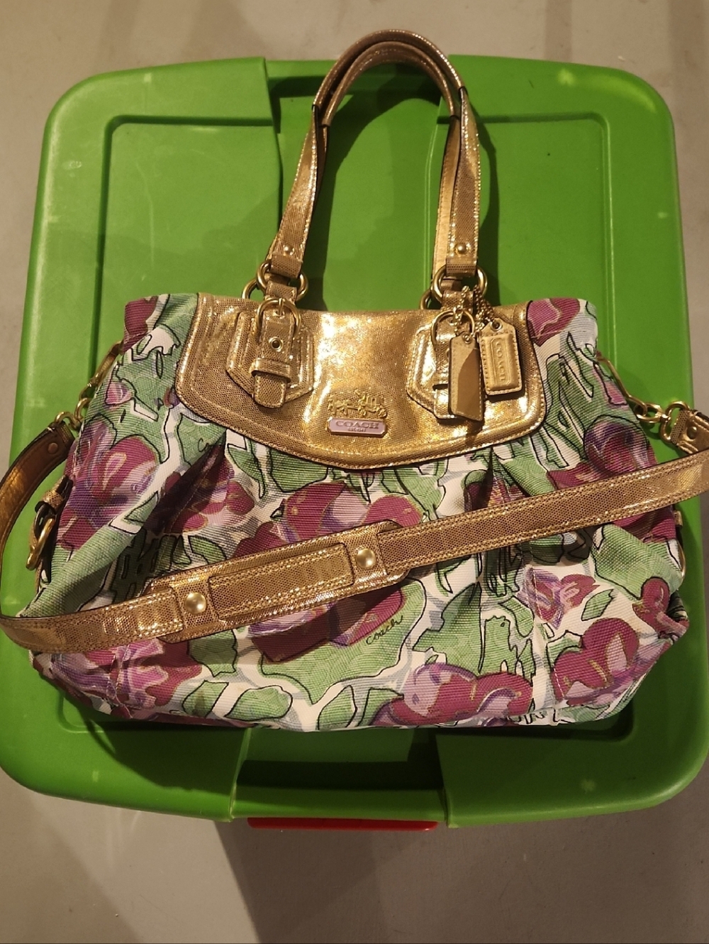 Coach Floral Canvas Shoulder Bag with Metallic Gold Trim